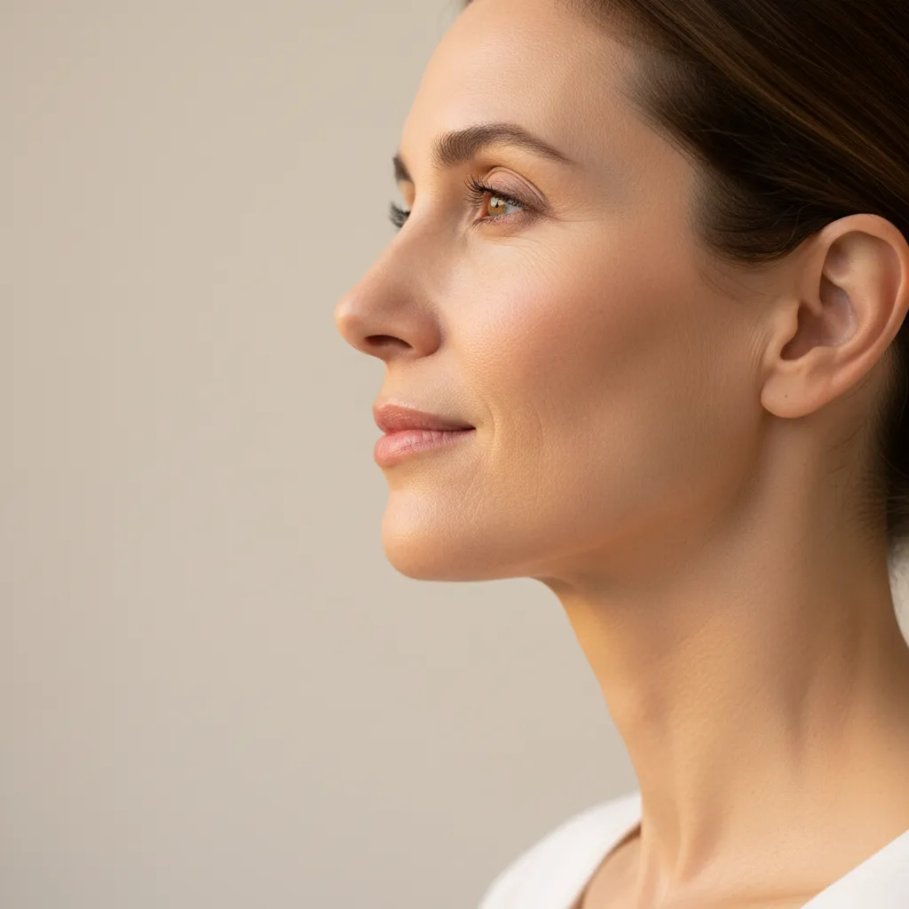 Woman with firm, lifted jawline and smooth neck after XTherma treatment