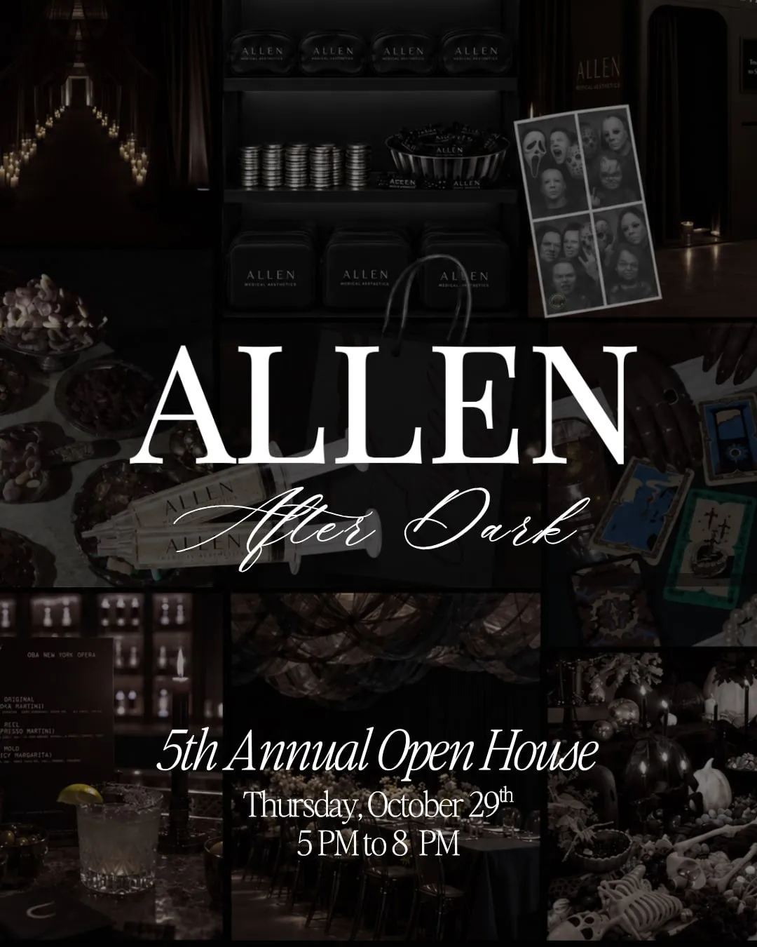 Allen, After Dark flyer: 5th Annual Open House, Thursday, October 29, 5 PM to 8 PM, over a collage of candlelit rooms, gift bags, and a haunted bar.