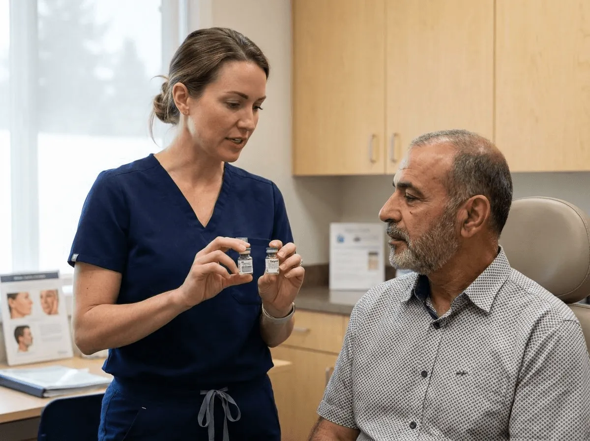 Provider holding Botox and Dysport vials during a patient consultation at Allen Medical Aesthetics
