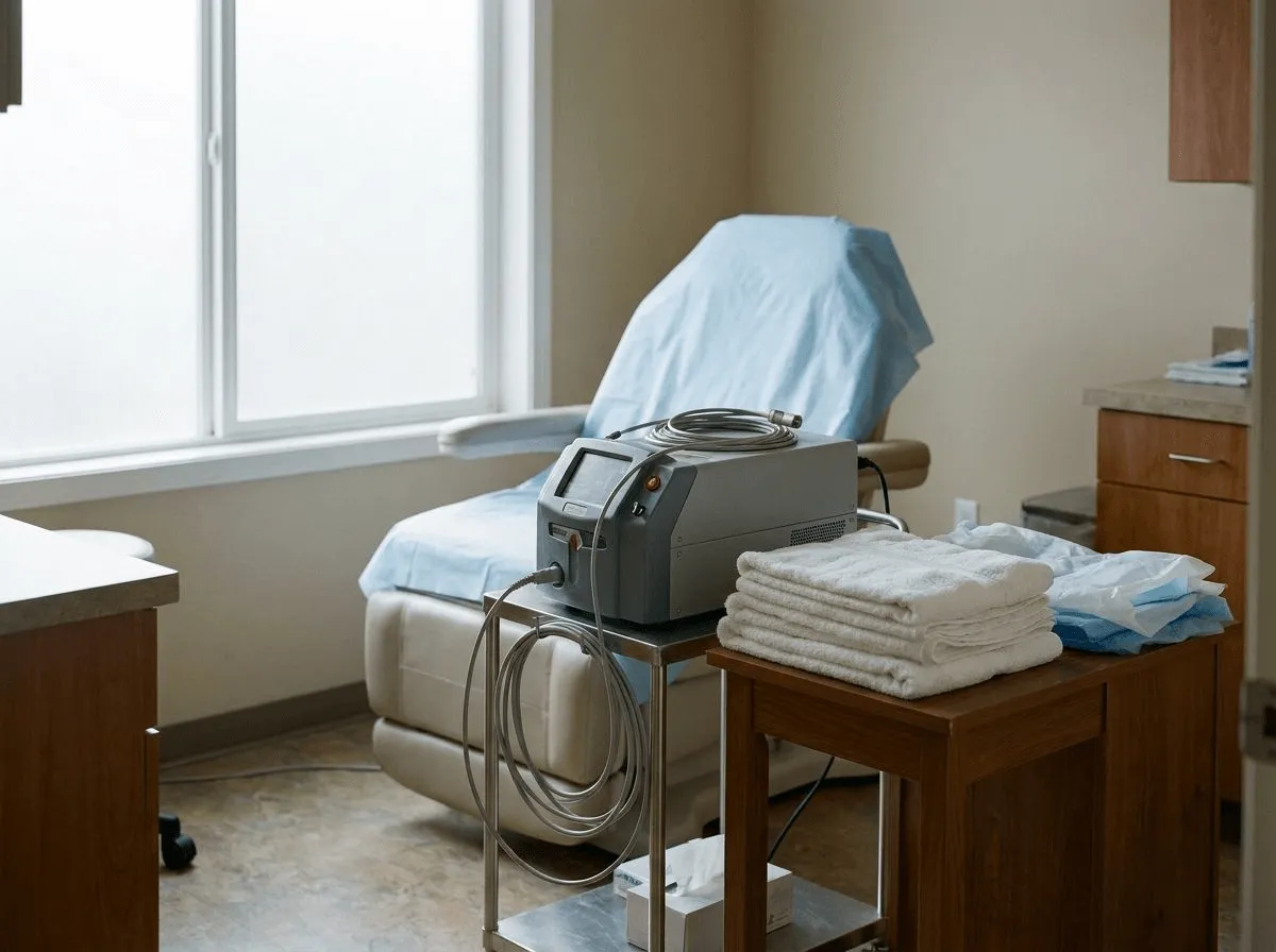 Prepared treatment room with folded towels and a laser device at Allen Medical Aesthetics