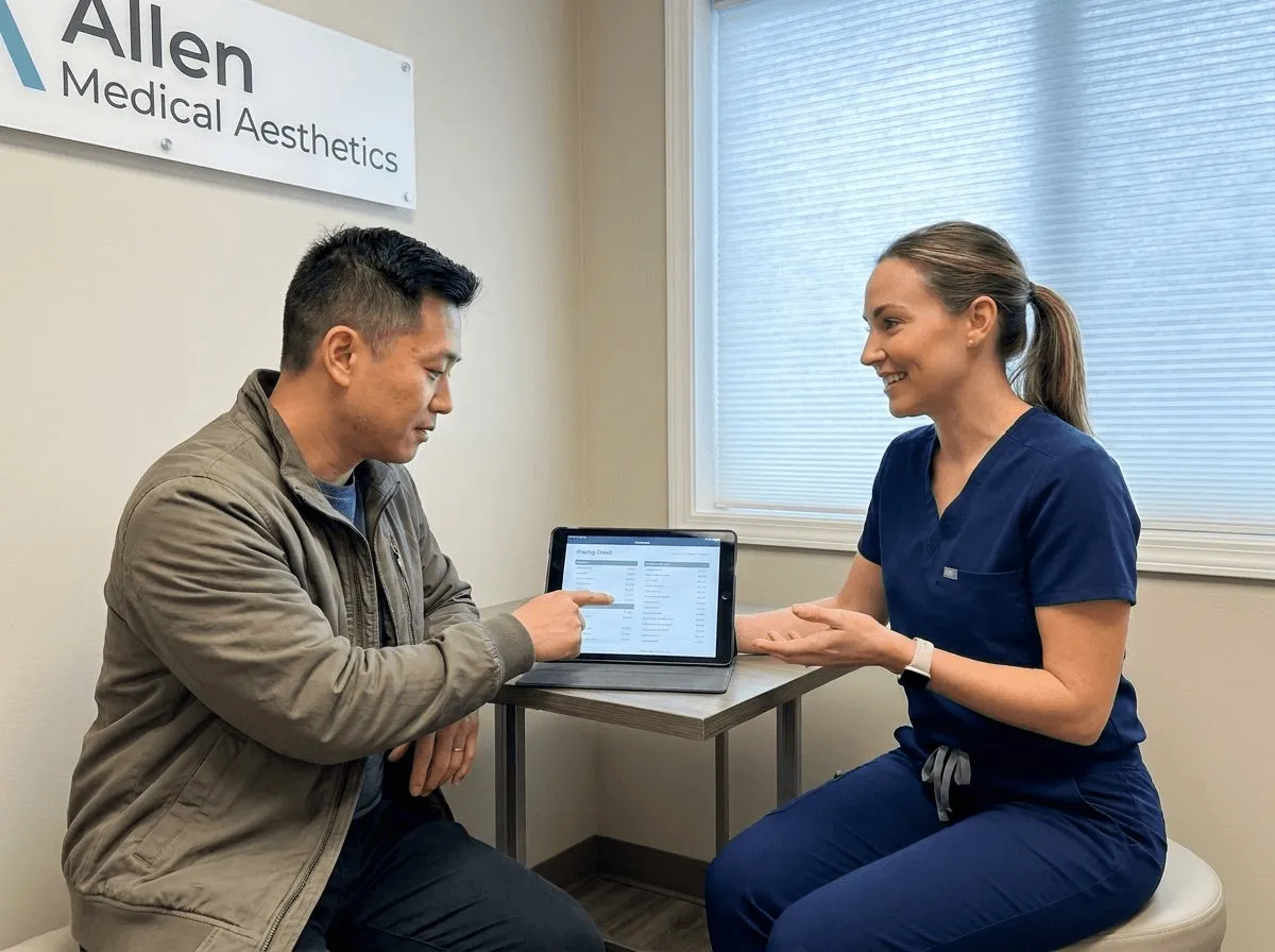 Patient consulting about CO2 laser resurfacing pricing at Allen Medical Aesthetics