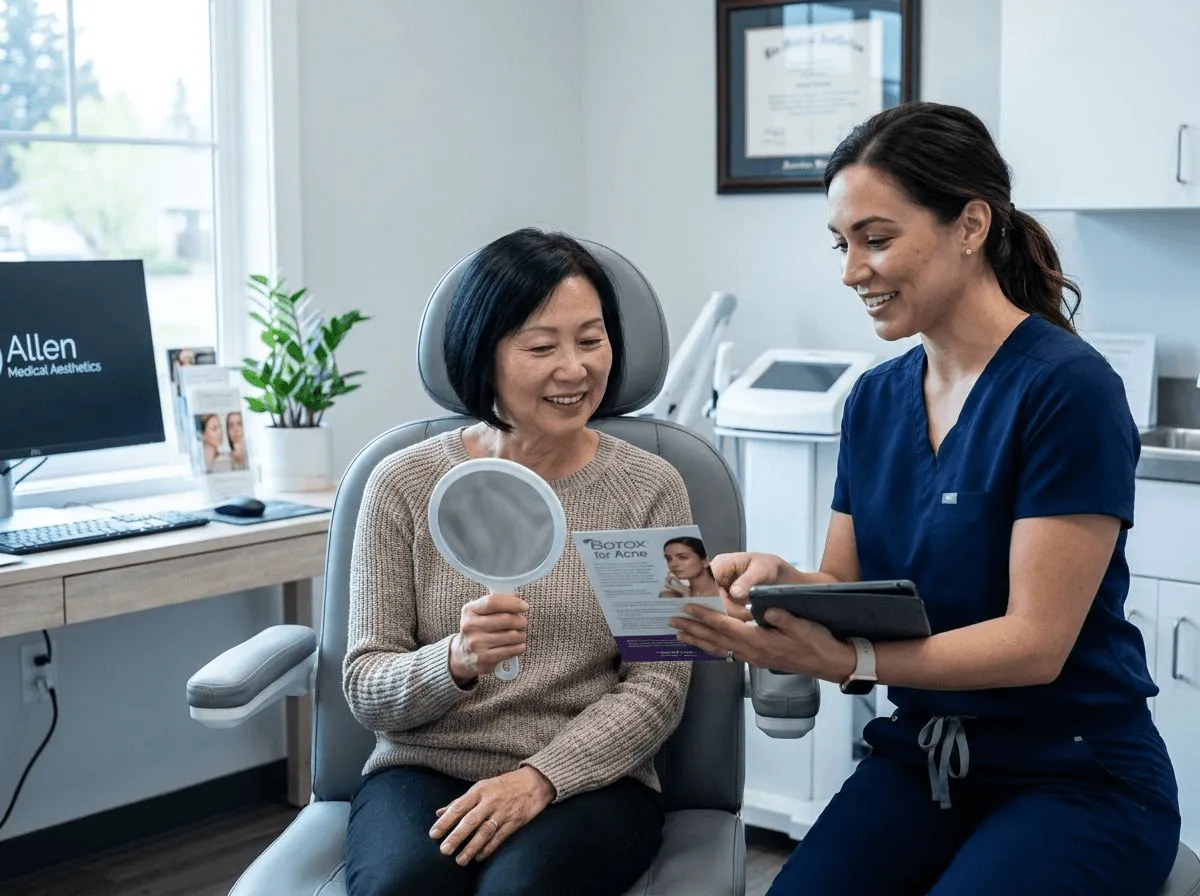 Woman with clear skin consulting about Botox for acne at Allen Medical Aesthetics
