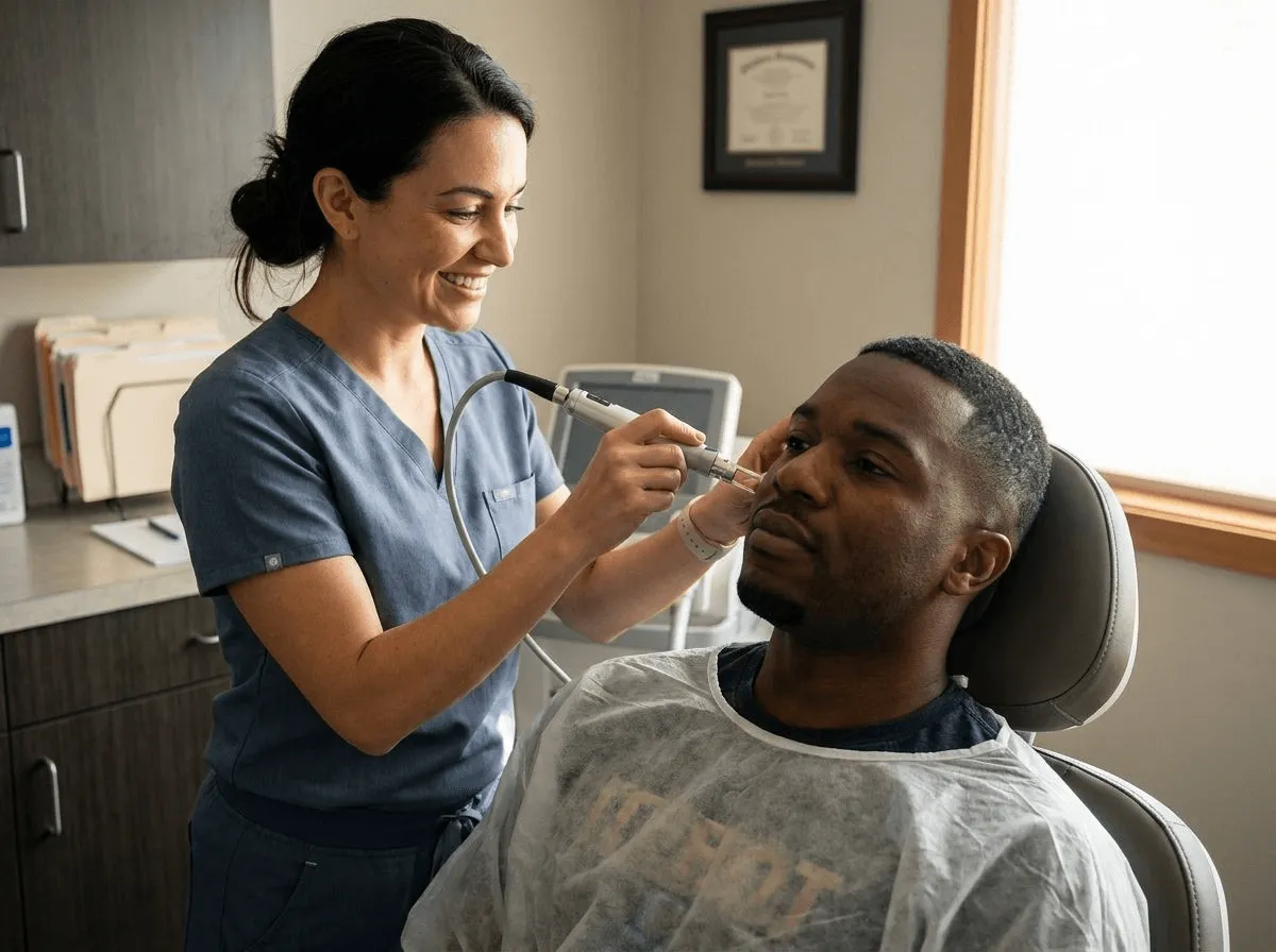 Provider guiding an Erbium laser resurfacing handpiece over a patient's cheek