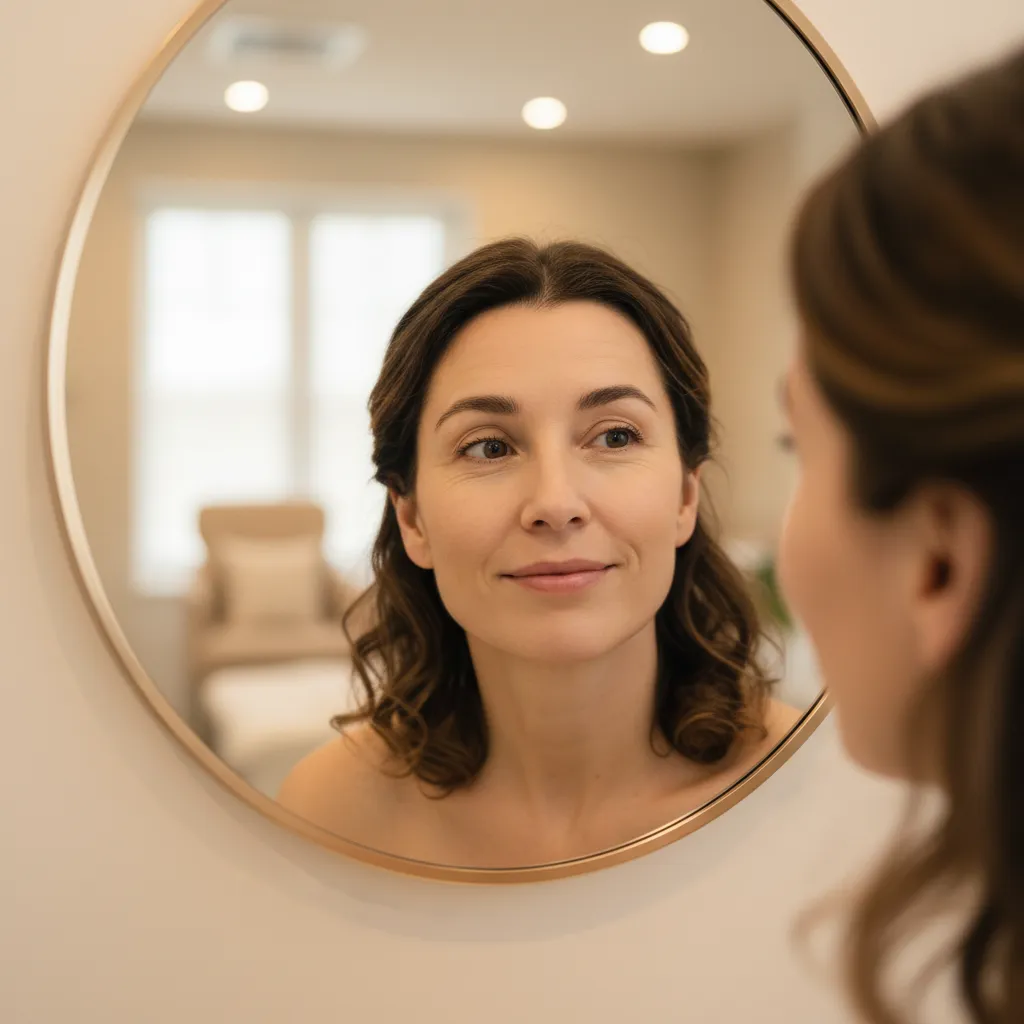 Woman examining subtle fine lines near her eyes in soft clinic lighting