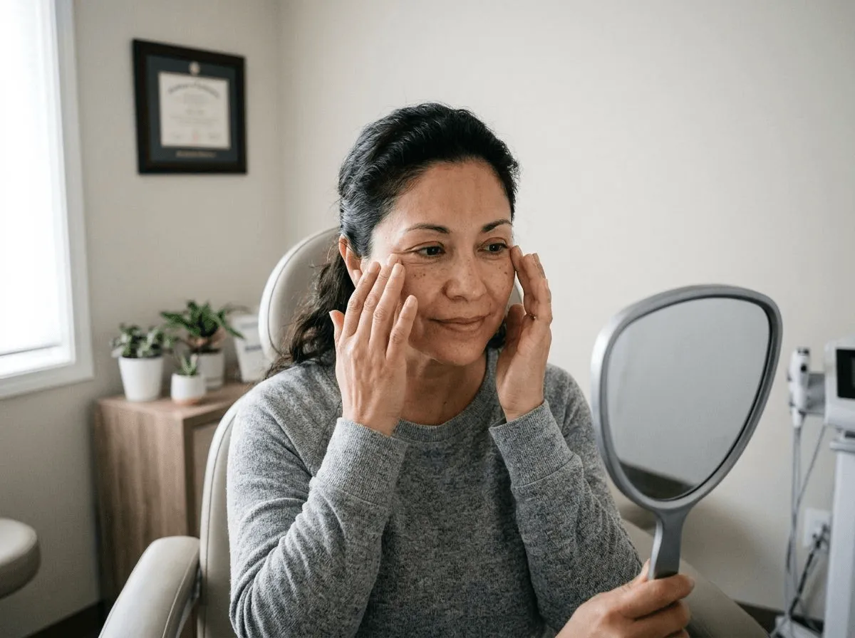 Woman examining subtle fine lines near her eyes in soft clinic lighting