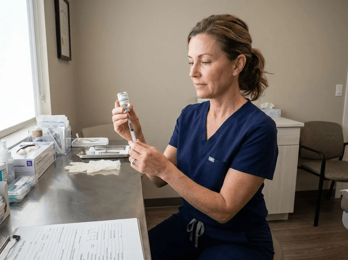 Provider preparing hyaluronidase injection for filler dissolution