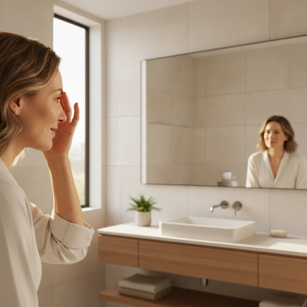 Woman checking her smooth forehead in a mirror after recent Botox treatment