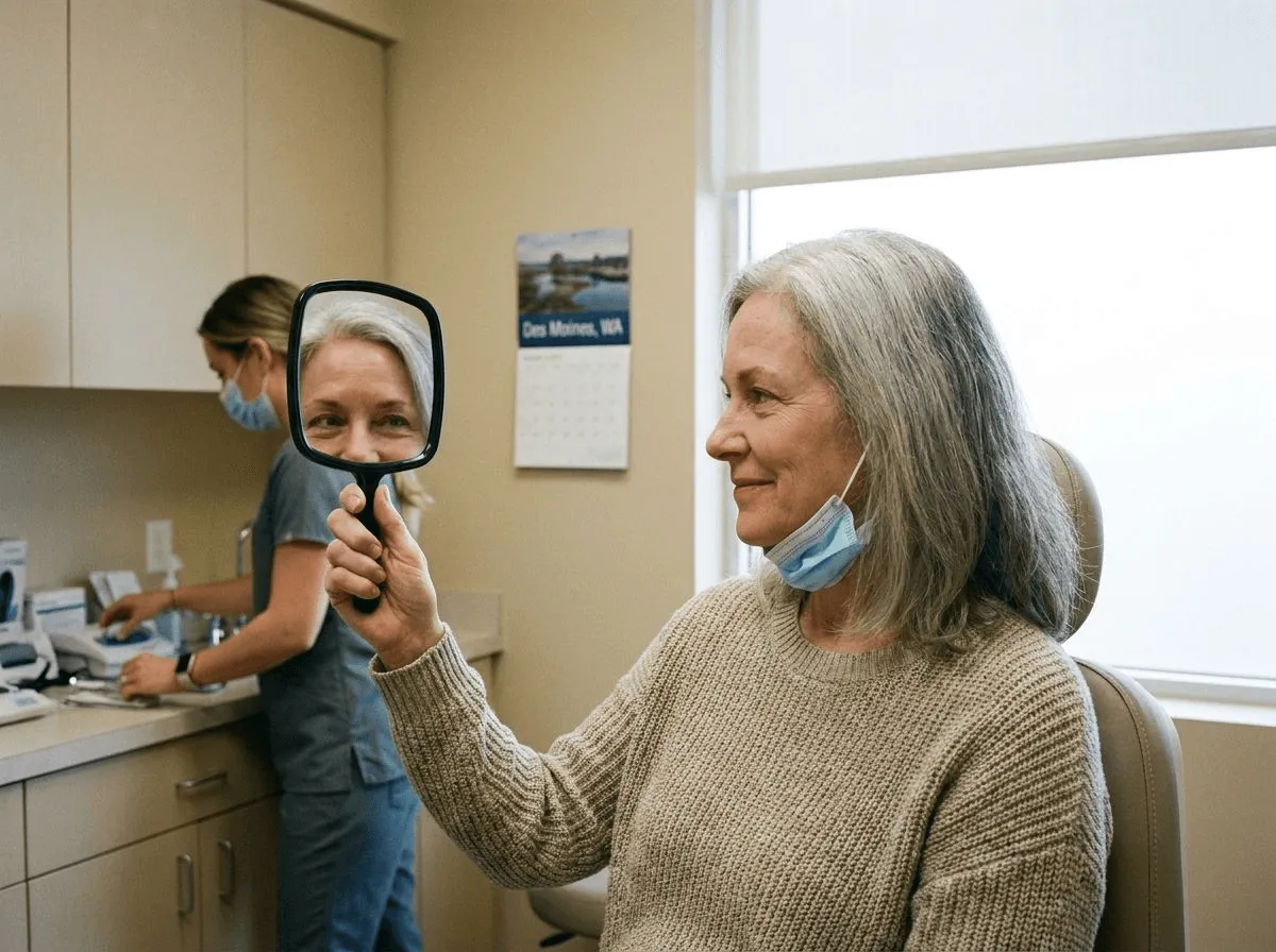 Woman checking her smooth forehead in a mirror after recent Botox treatment