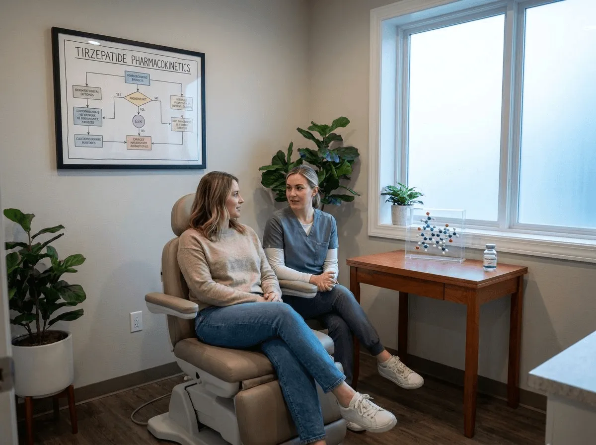 Medical illustration concept of tirzepatide medication and pharmacokinetics