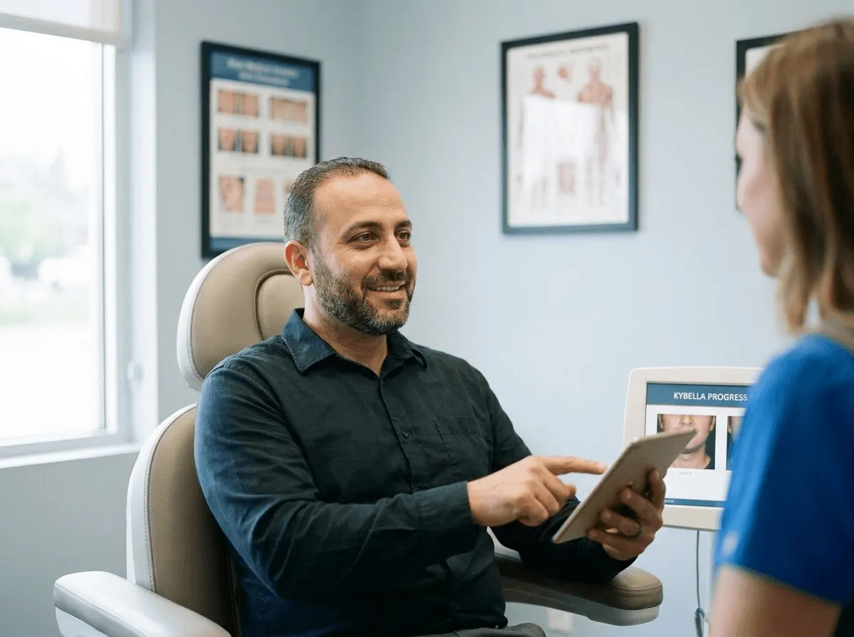 Patient in a follow-up consultation tracking Kybella progress at Allen Medical Aesthetics