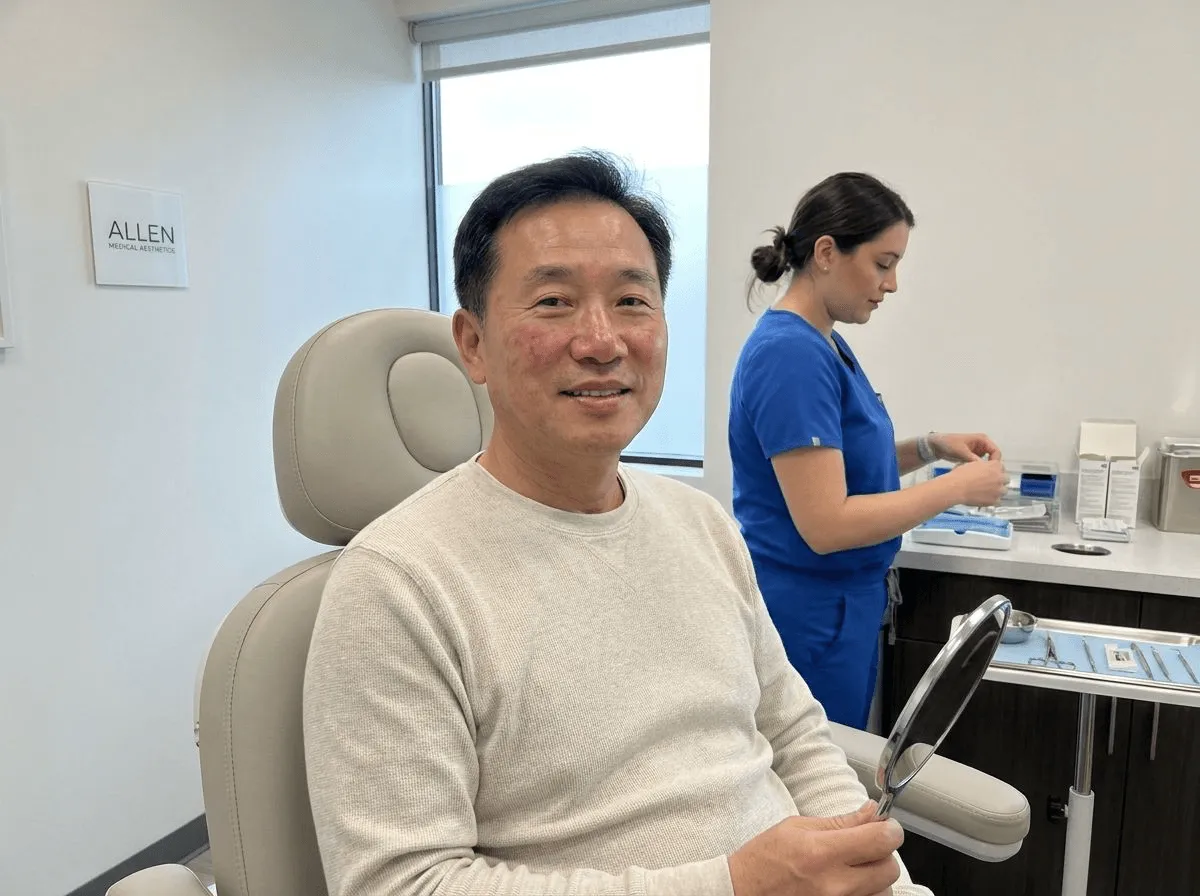 Patient with reduced facial redness after IPL rosacea treatment at Allen Medical Aesthetics