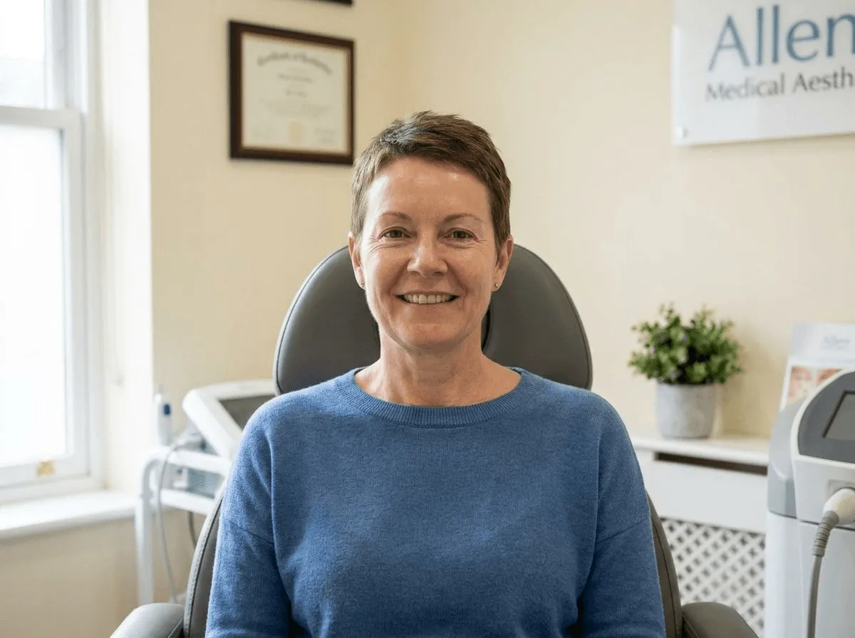 Woman with clear, even-toned skin after IPL photofacial treatment at Allen Medical Aesthetics