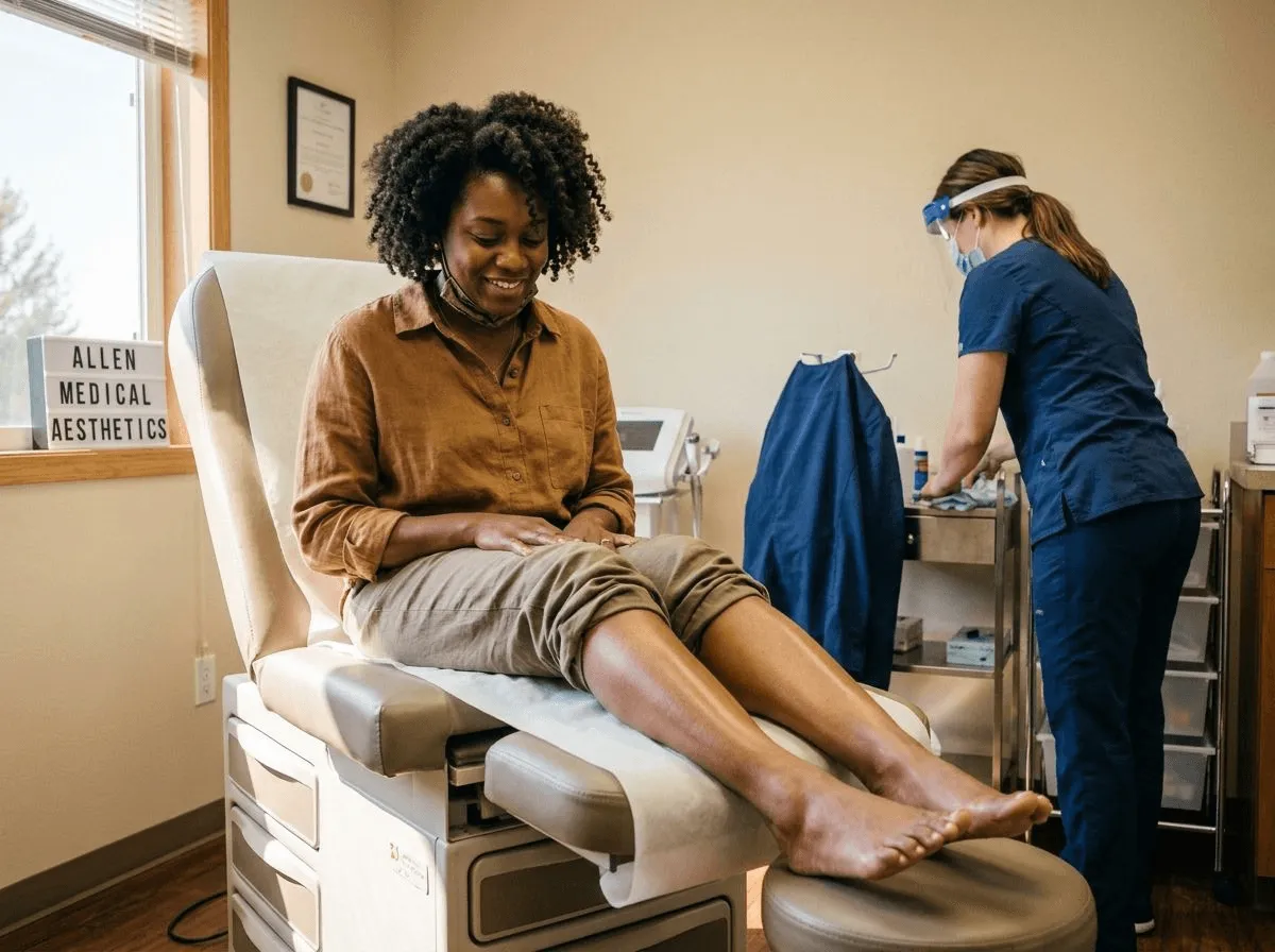Woman with smooth legs after laser hair removal treatment at Allen Medical Aesthetics