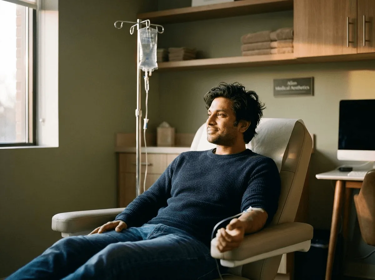 Patient receiving IV hydration therapy in a comfortable treatment setting at Allen Medical Aesthetics