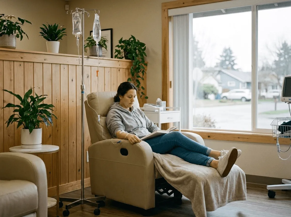 IV hydration therapy in comfortable infusion chair
