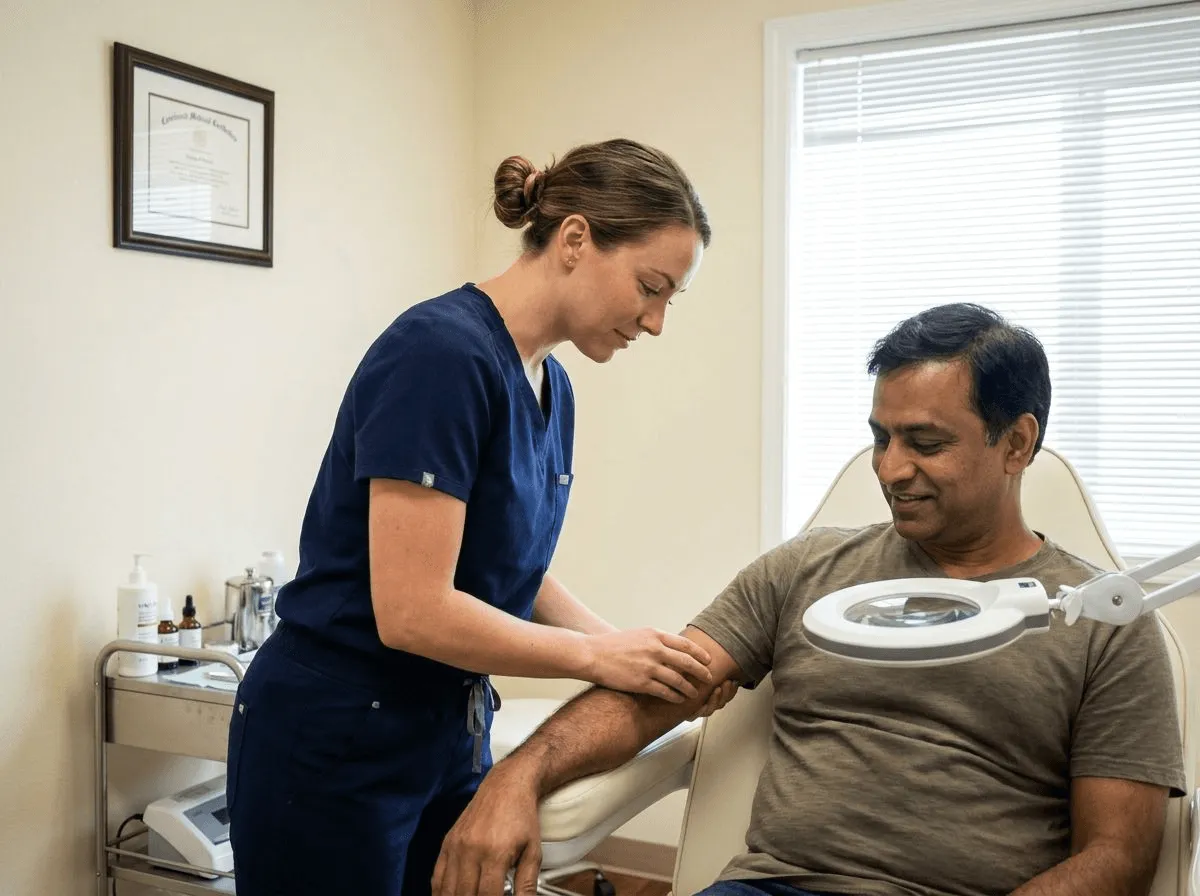 Provider assessing a patient skin type before laser hair removal treatment