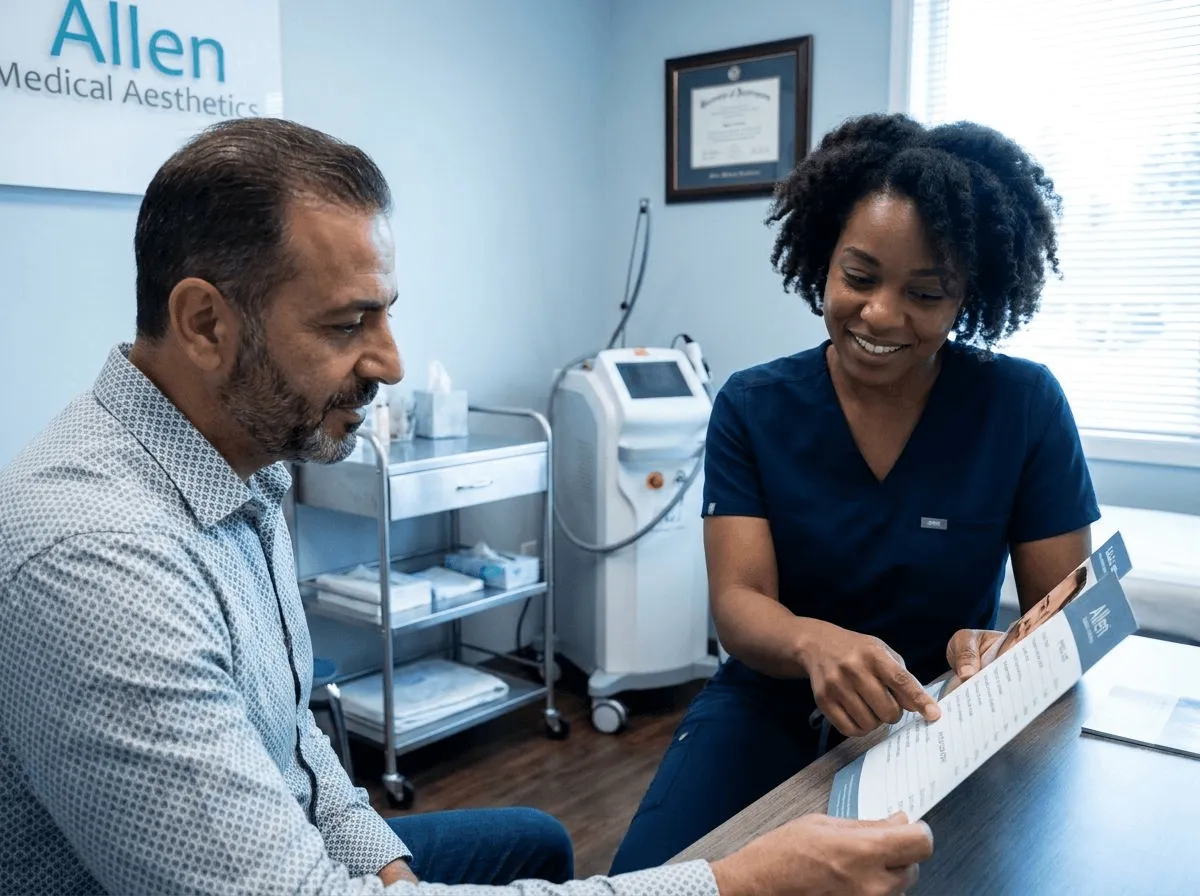 Patient consulting with a provider about laser hair removal pricing at Allen Medical Aesthetics