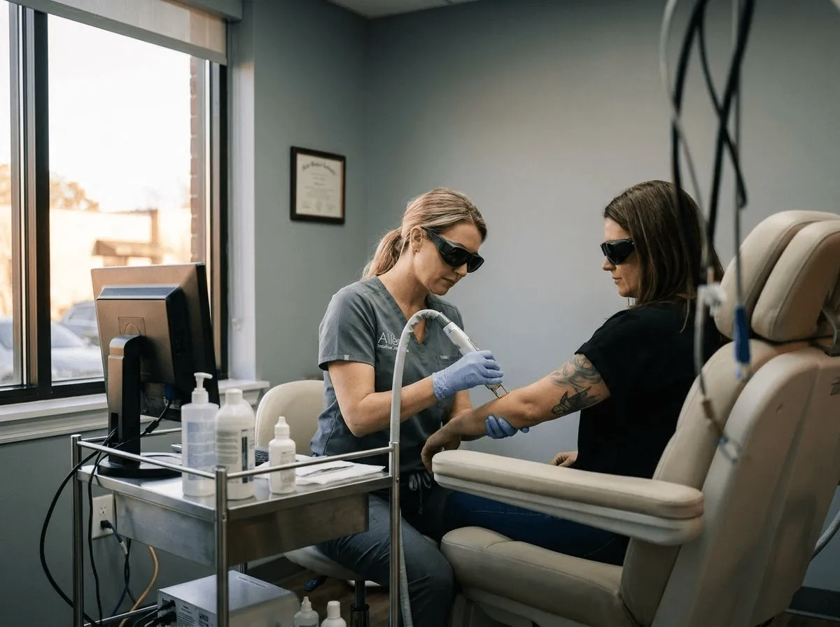 PICO laser tattoo removal treatment in progress at Allen Medical Aesthetics