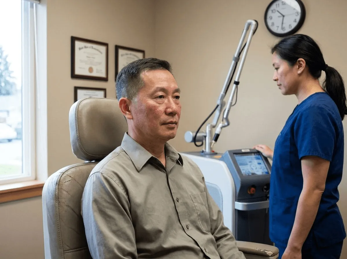 Patient with calmer, less red complexion after vascular laser rosacea treatment