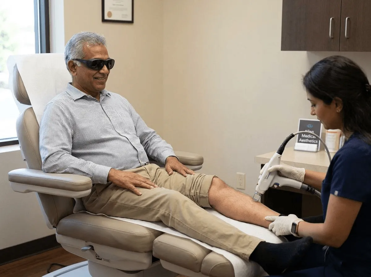 Patient receiving vascular laser treatment for spider veins at Allen Medical Aesthetics