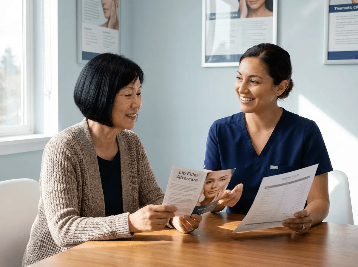Woman discussing lip filler pricing and aftercare with a provider at Allen Medical Aesthetics
