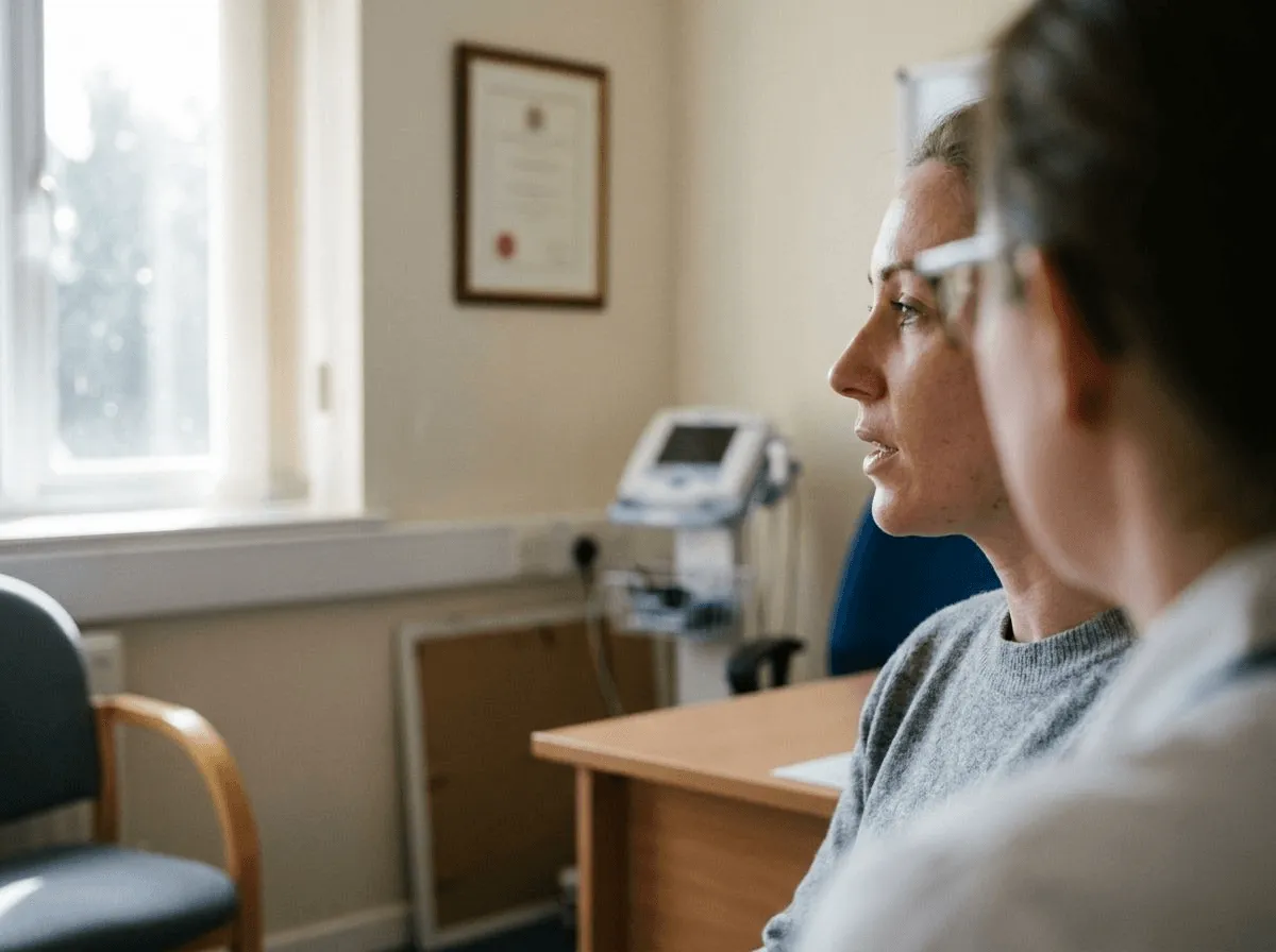Profile portrait showing jawline and neck in consultation room
