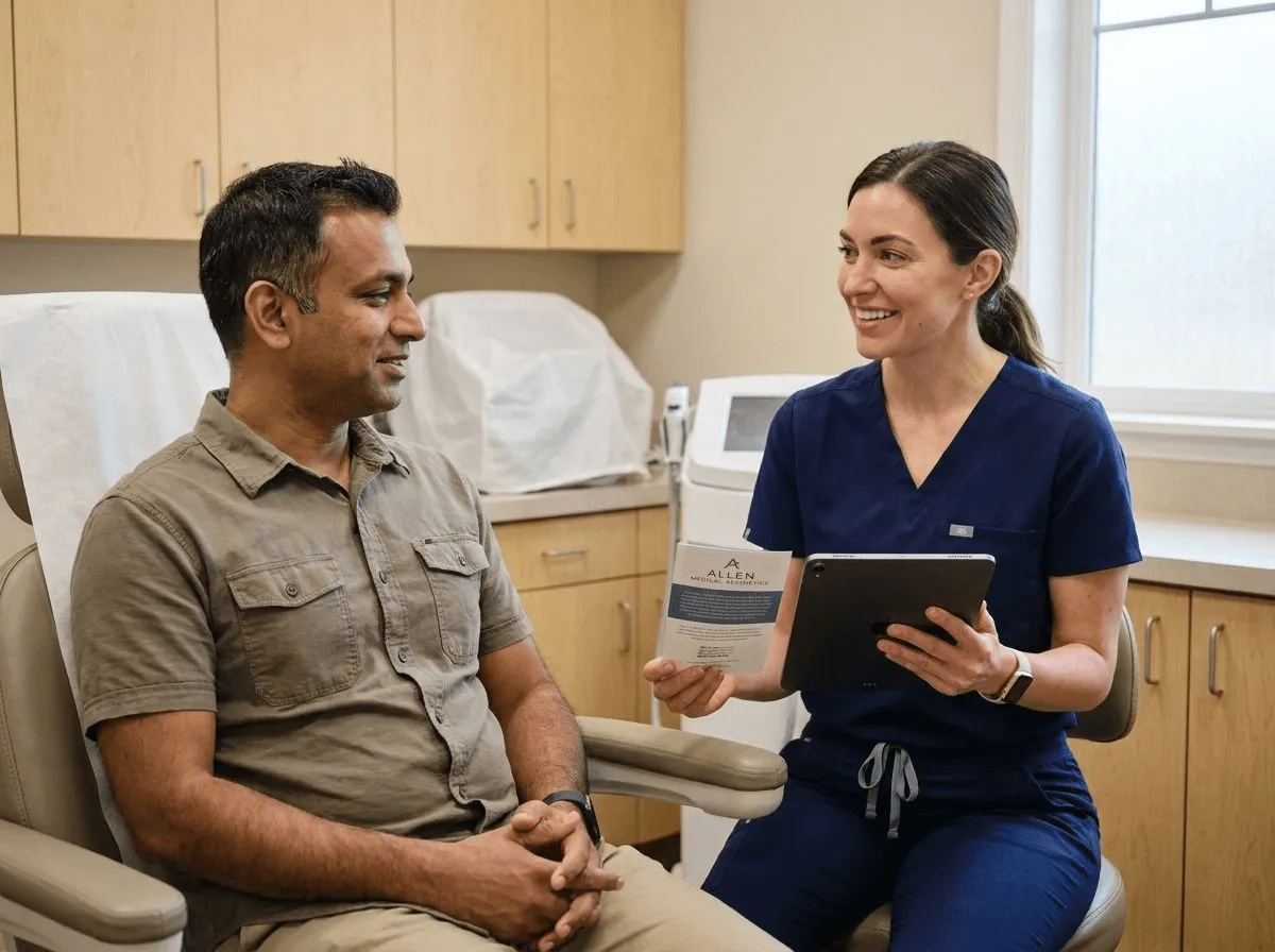 Man consulting with a provider about laser hair removal in a treatment room at Allen Medical Aesthetics