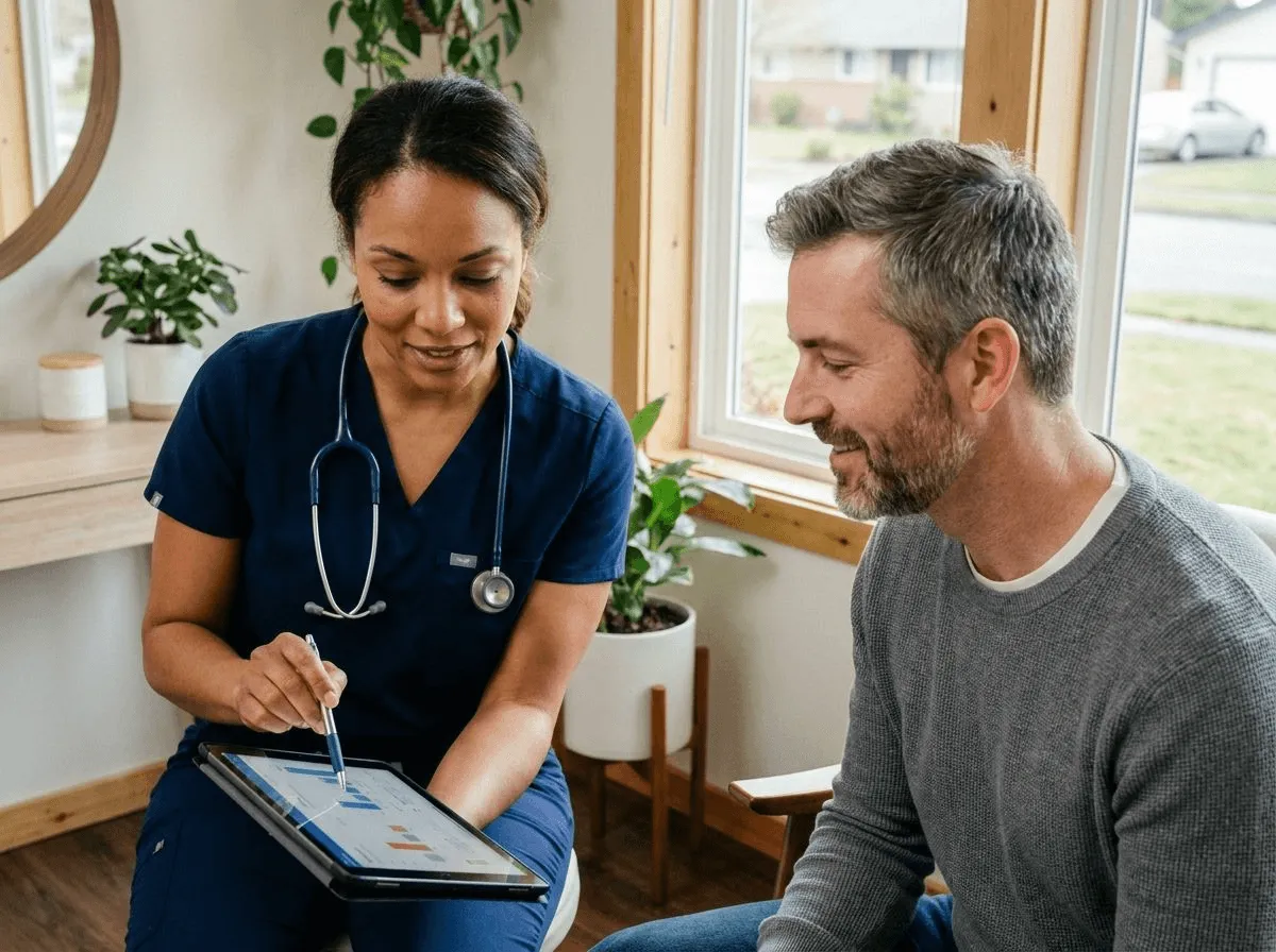 Nurse practitioner reviewing lab results with a patient during a testosterone therapy consultation