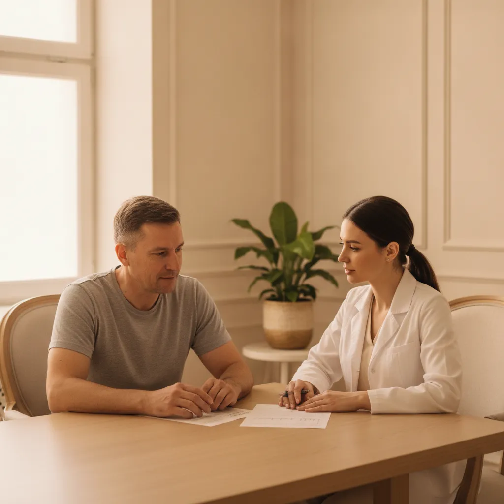 Nurse practitioner reviewing lab results with a patient during a testosterone therapy consultation
