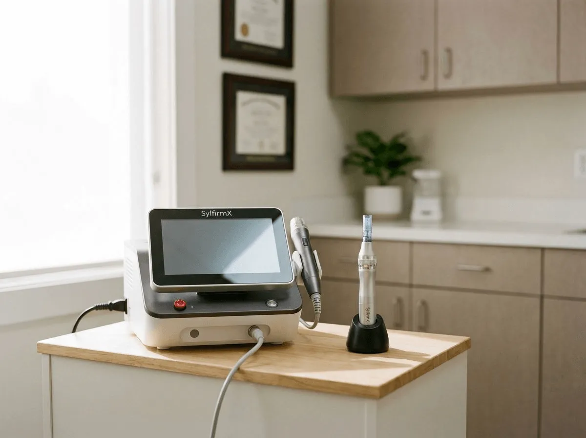 SylfirmX RF microneedling device and standard microneedling pen side by side