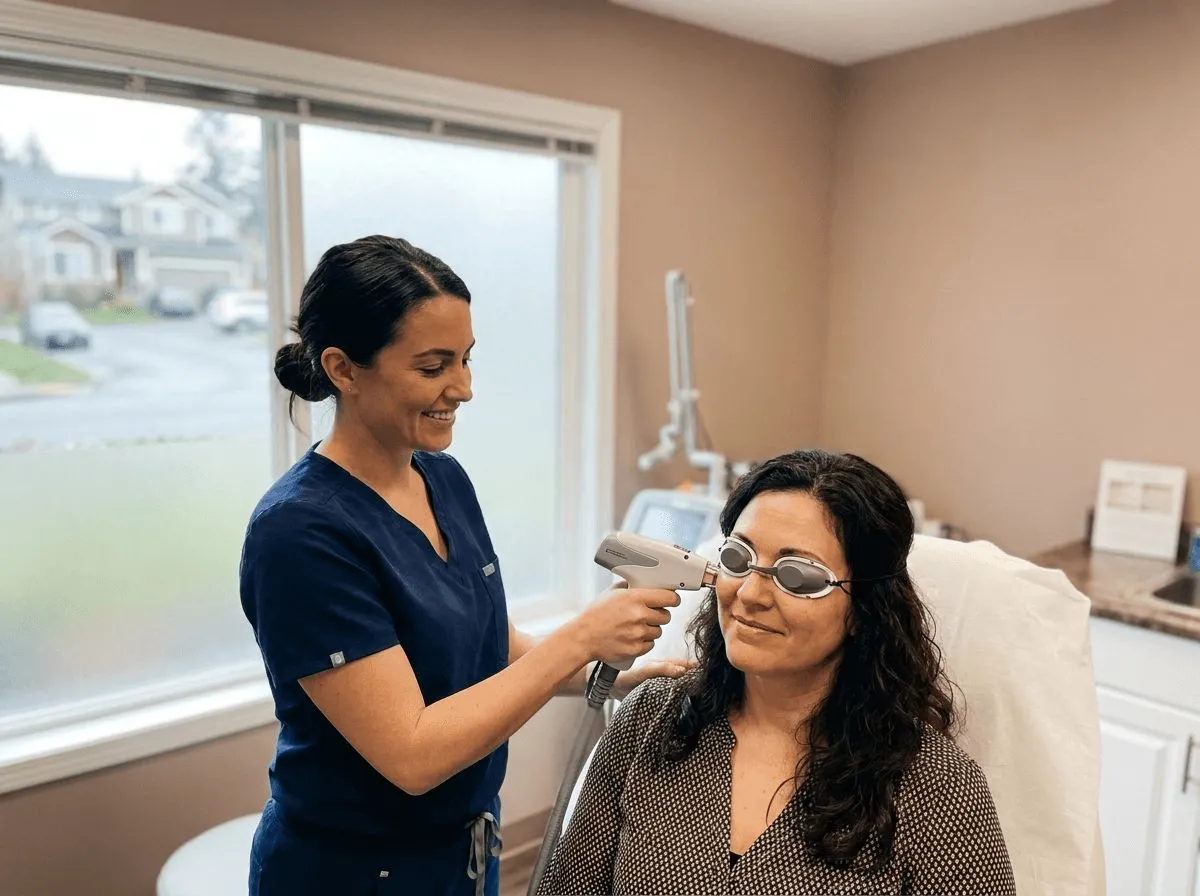 Provider treating sun spots on a patient's cheekbone with a PICO laser handpiece