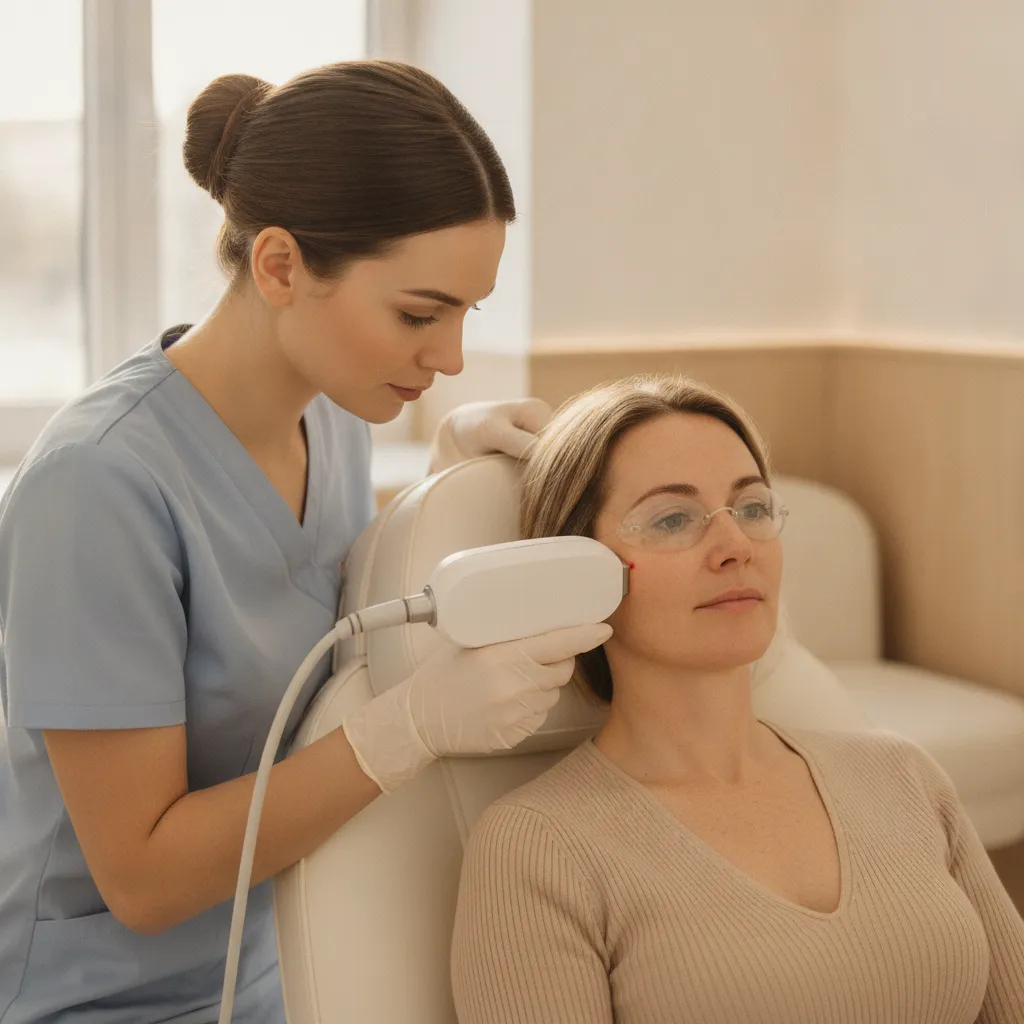 Provider treating sun spots on a patient's cheekbone with a PICO laser handpiece
