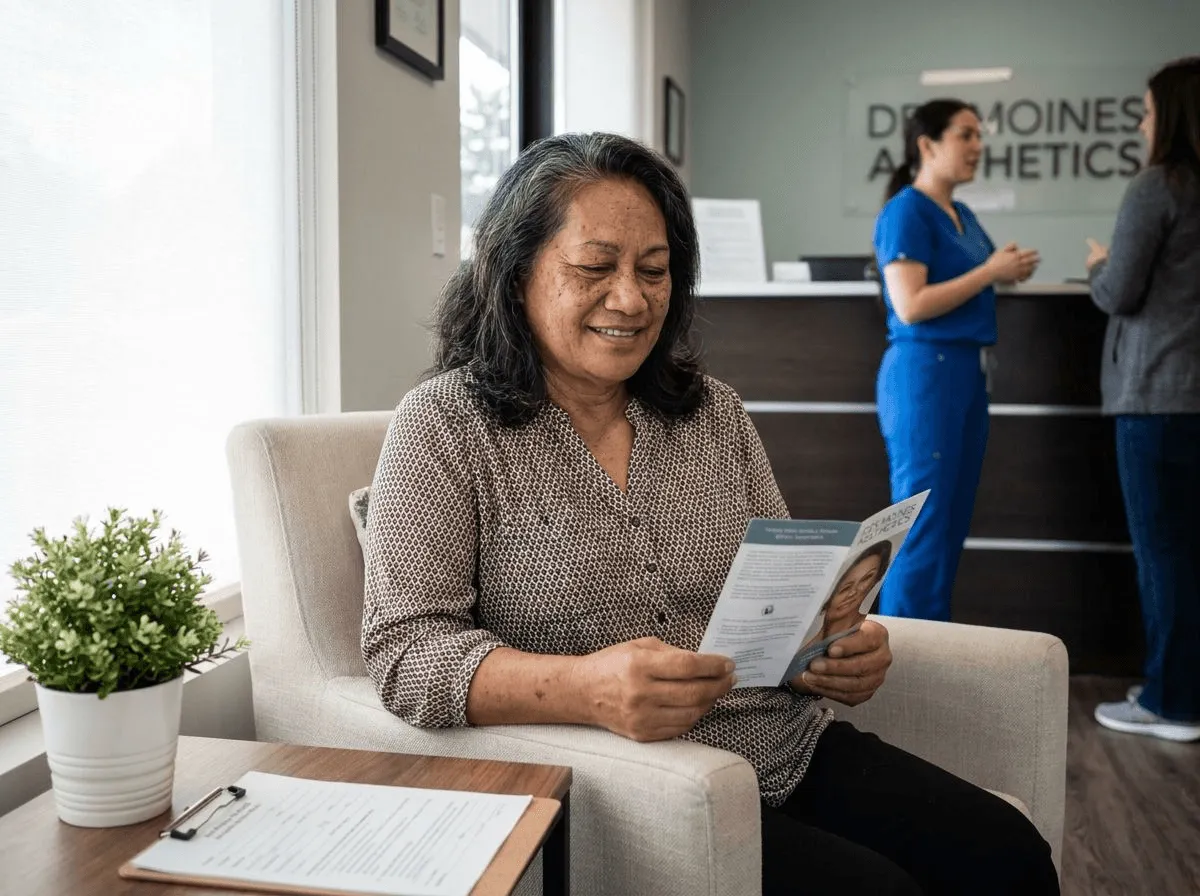 Woman with visible sun spots seated in luxury clinic