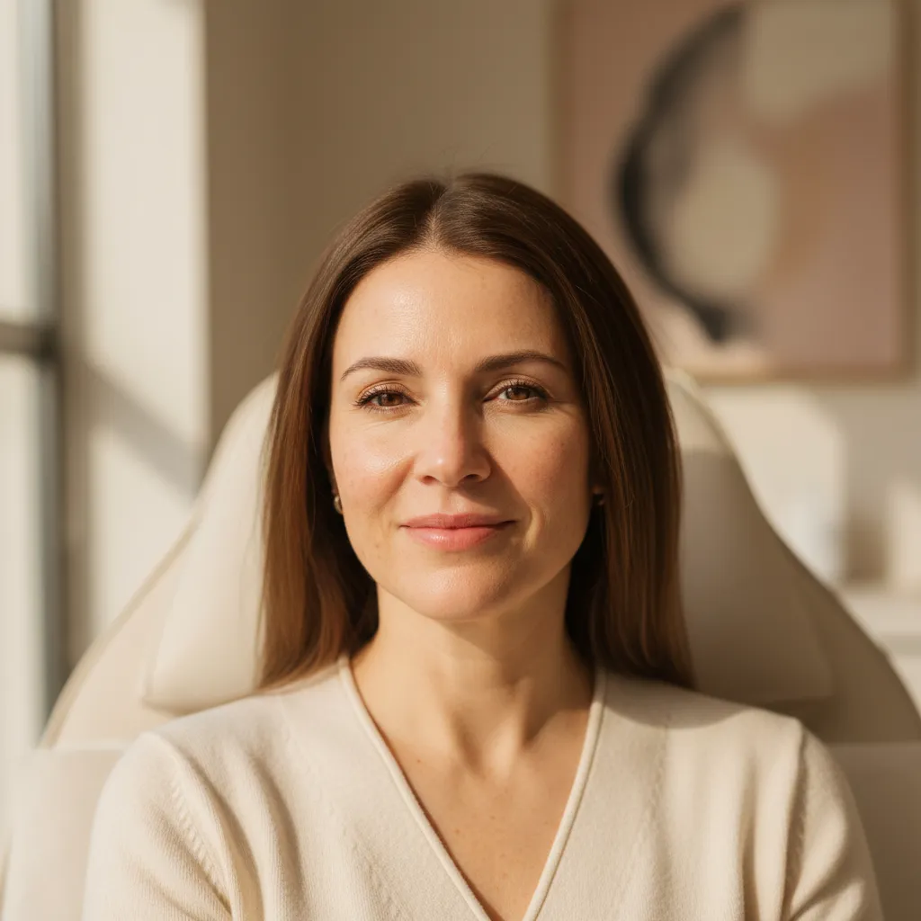 Woman with visible sun spots seated in luxury clinic