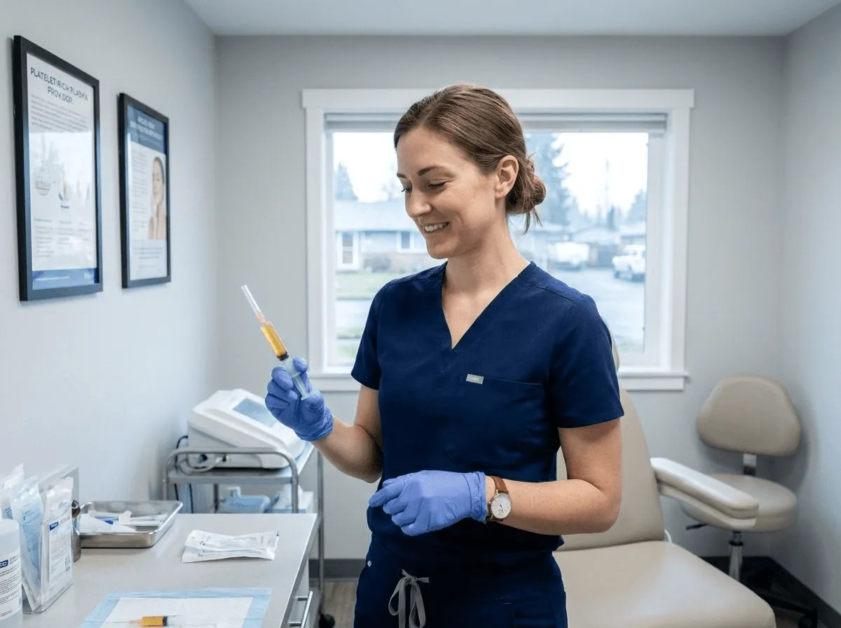 Provider holding a syringe of golden platelet-rich plasma prepared for a PRP facial injection