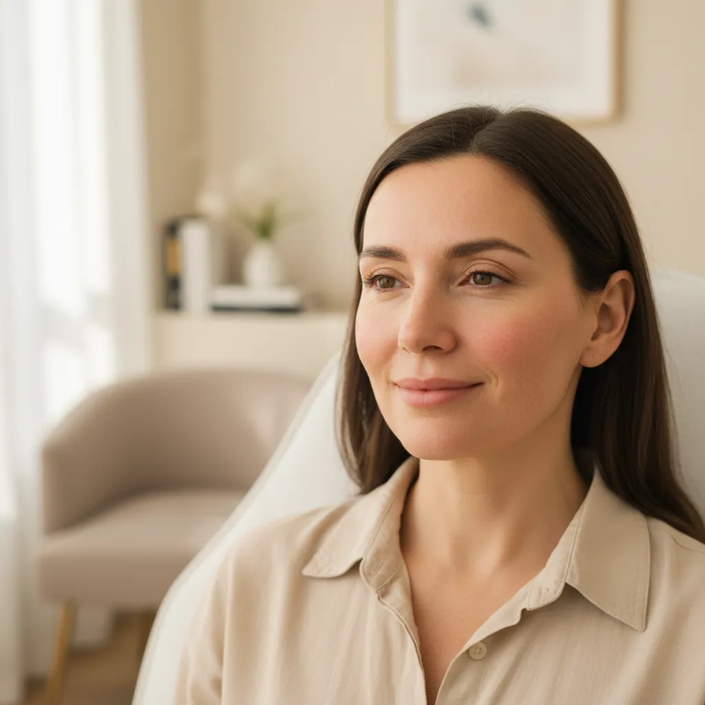 Woman with visible facial redness in bright consultation room