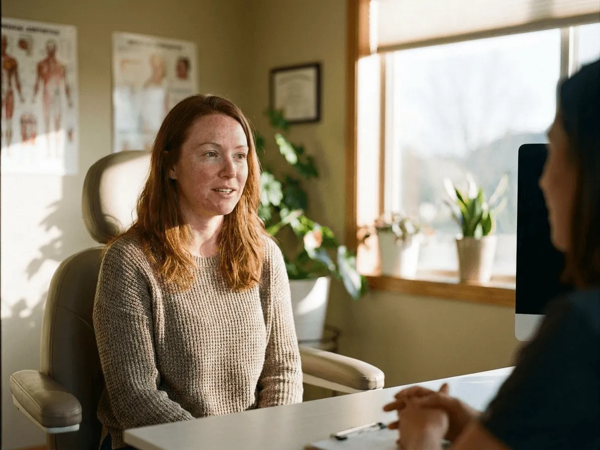 Woman with visible facial redness in bright consultation room
