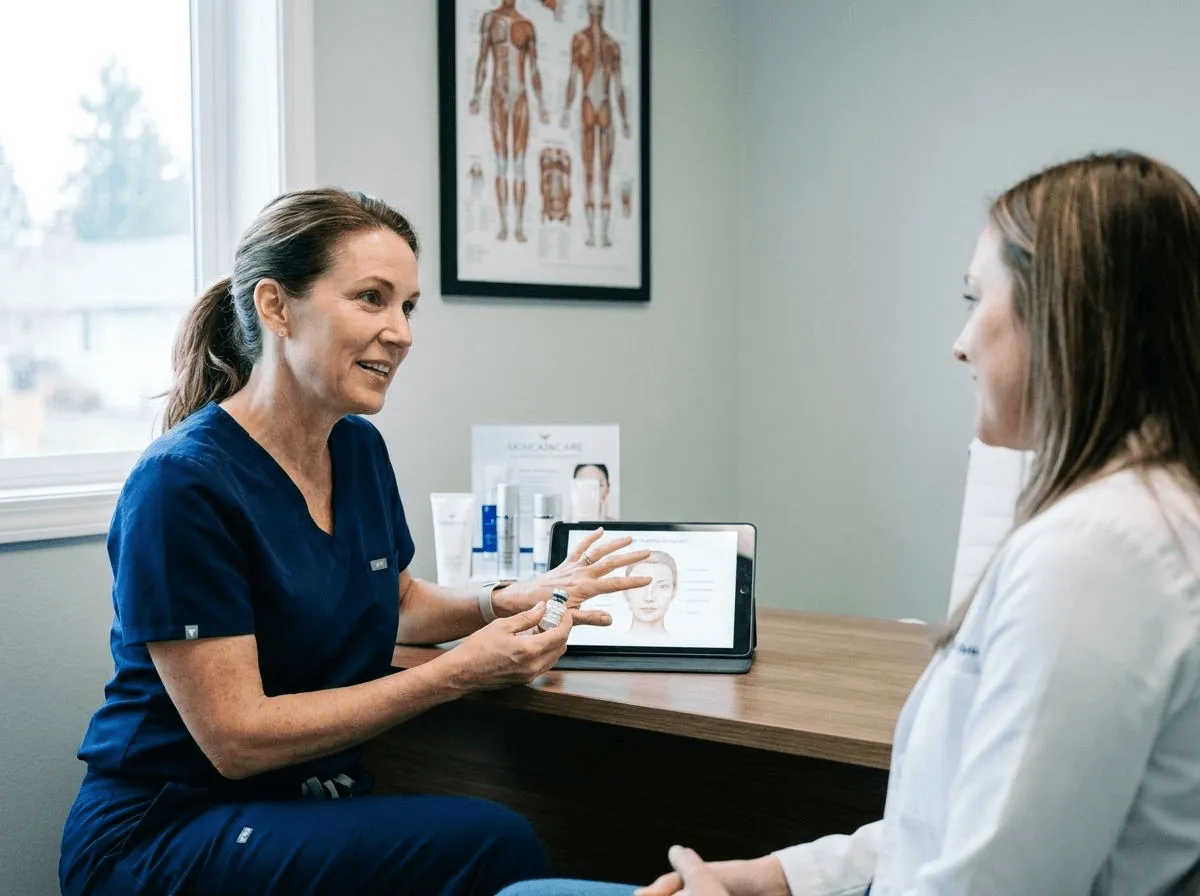 Provider explaining Sculptra and dermal filler options during a consultation at Allen Medical Aesthetics