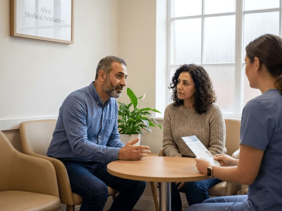 Couple discussing hormone health and treatment options at Allen Medical Aesthetics
