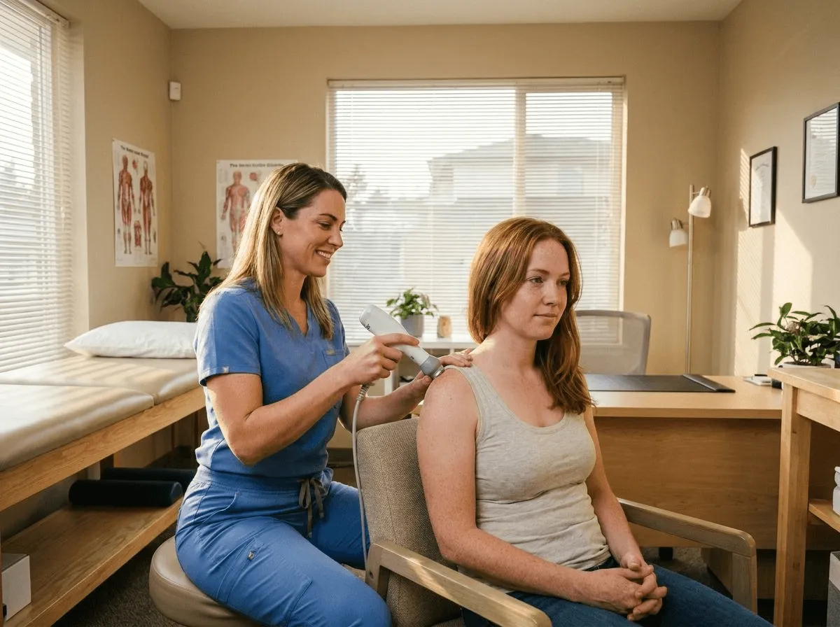 Provider applying a handheld acoustic wave therapy device to a patient's shoulder in a treatment room
