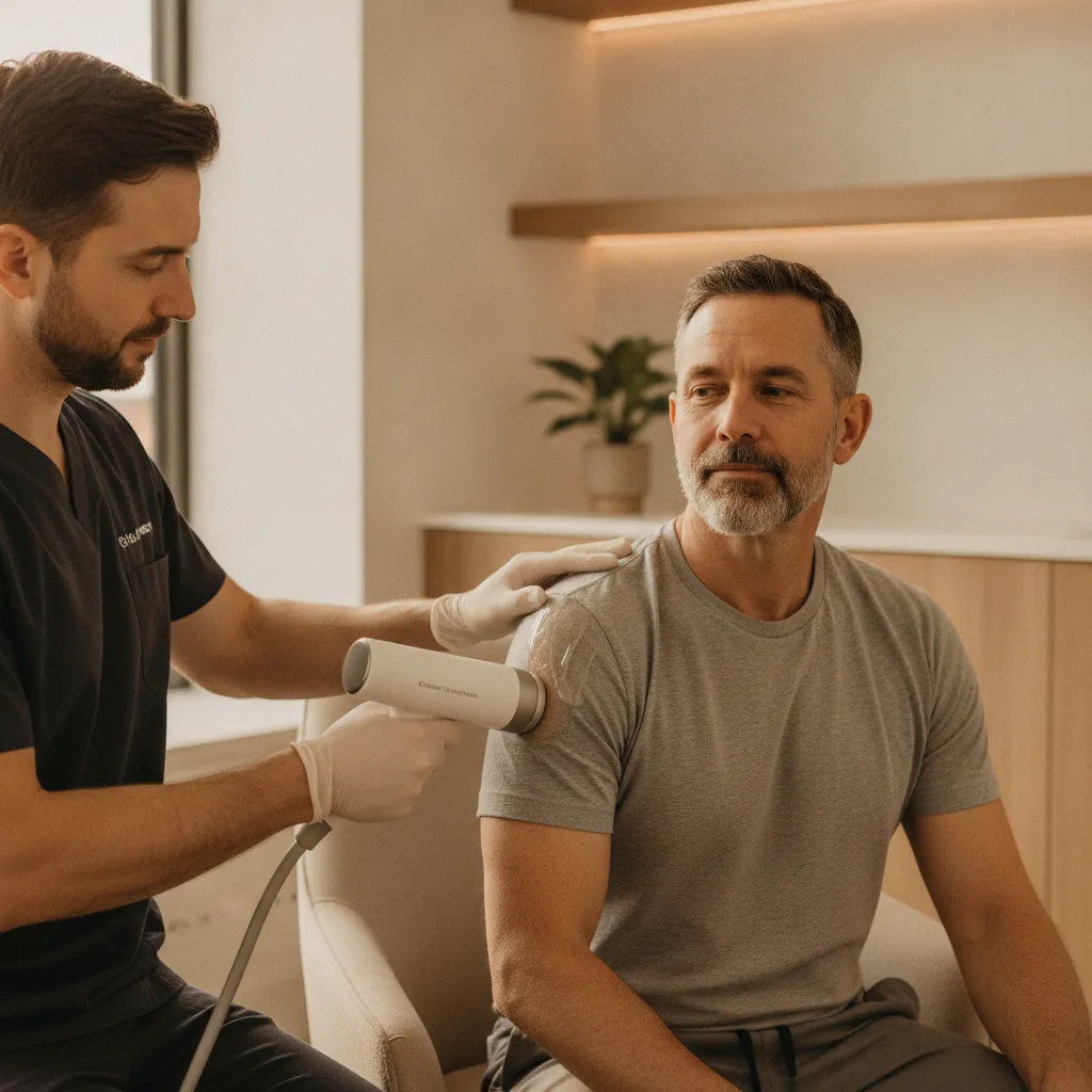 Provider applying a handheld acoustic wave therapy device to a patient's shoulder in a treatment room