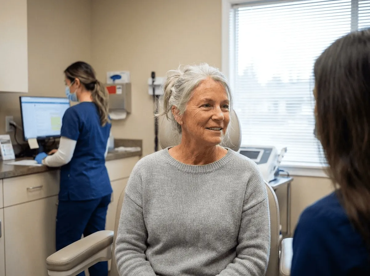 Woman with sun-damaged skin in bright treatment room