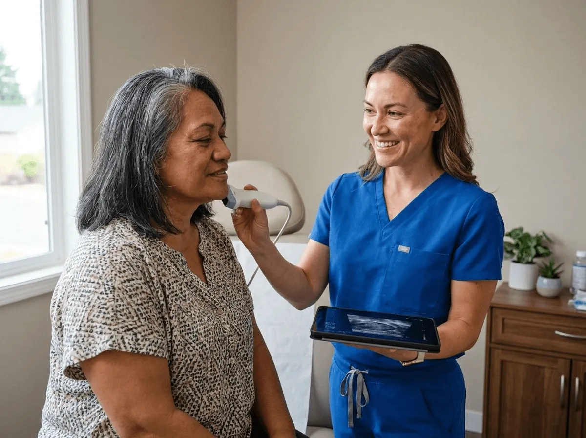 Provider scanning a patient's jawline with a wireless handheld ultrasound while viewing the tissue layers on a tablet