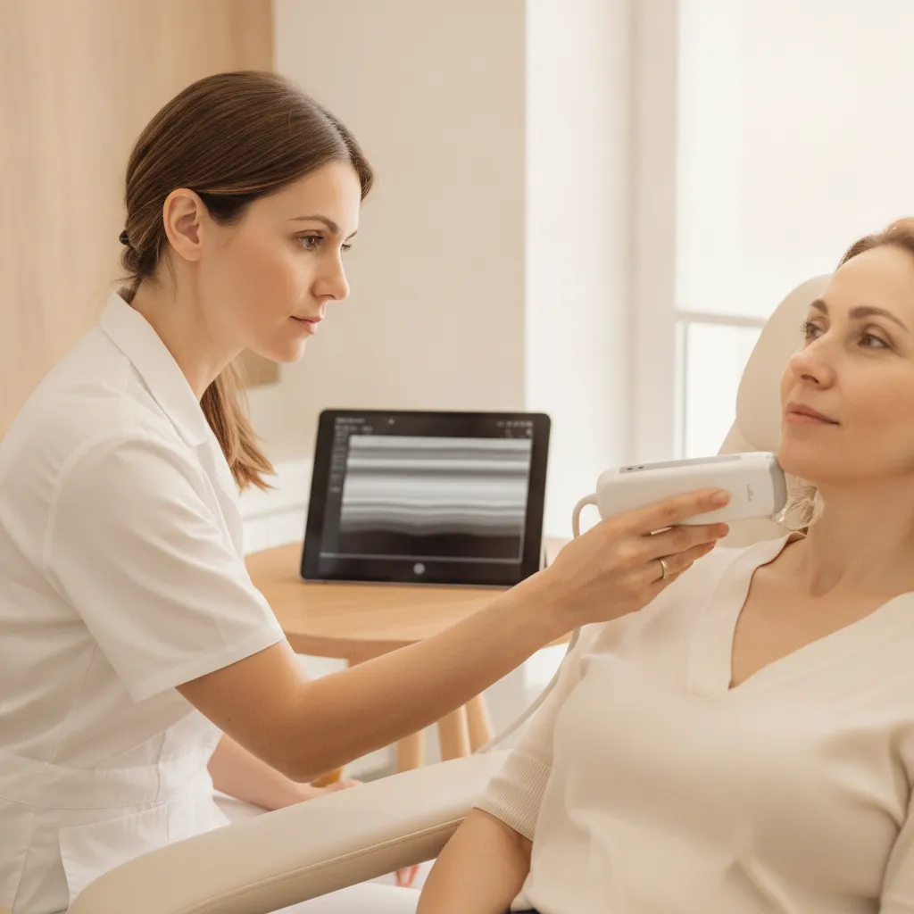 Provider scanning a patient's jawline with a wireless handheld ultrasound while viewing the tissue layers on a tablet