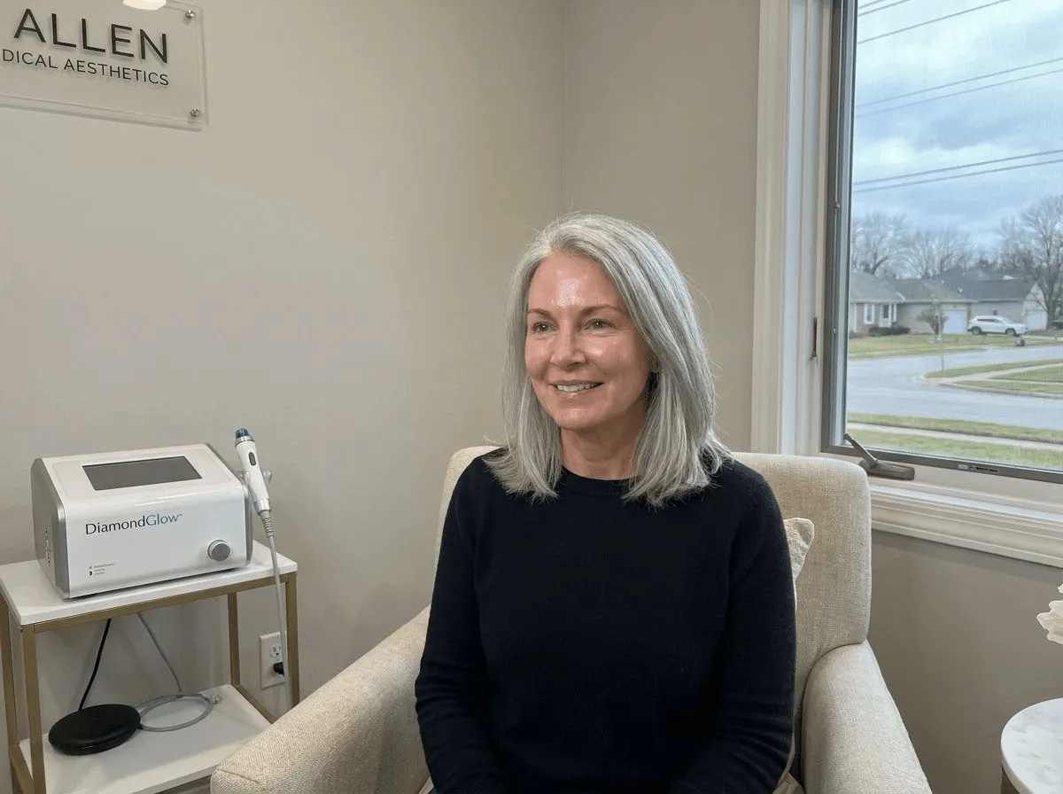 Woman with glowing, hydrated skin after DiamondGlow facial at Allen Medical Aesthetics