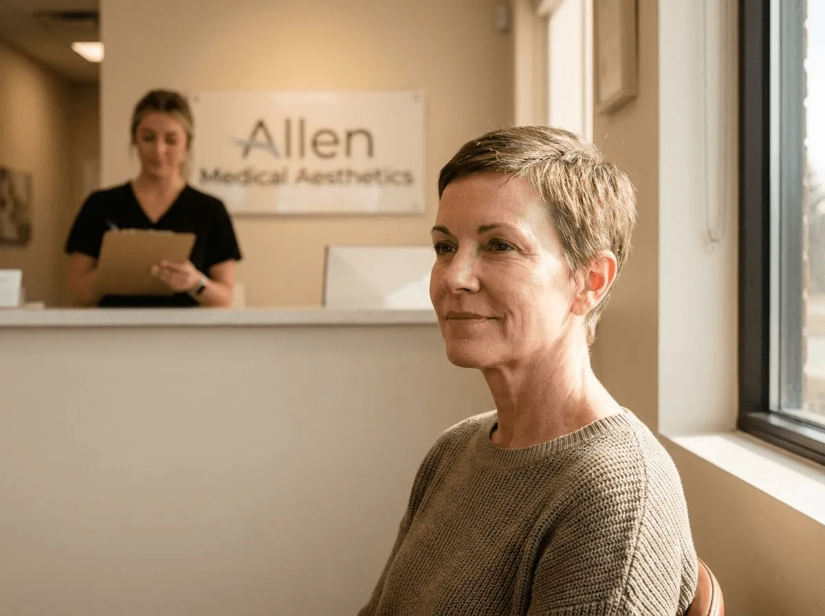 Woman with defined jawline after Kybella double chin treatment at Allen Medical Aesthetics