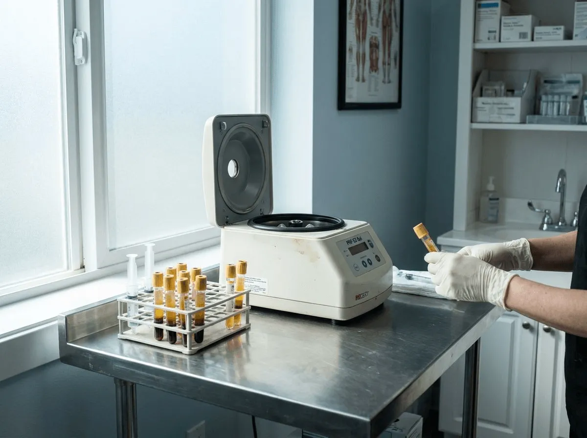 PRF EZ Gel preparation with centrifuge and golden amber PRF tubes at Allen Medical Aesthetics