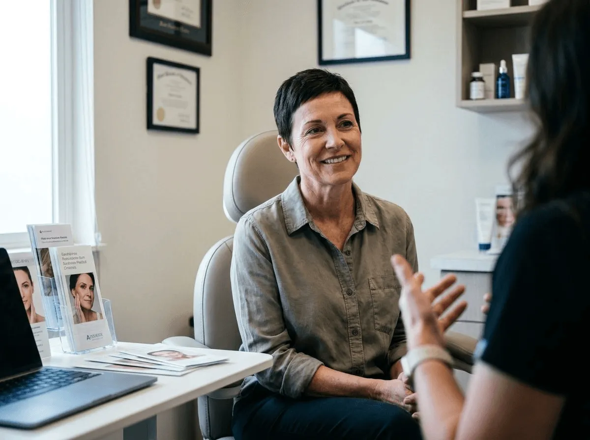 Woman with visible expression lines looking confident during clinic consultation