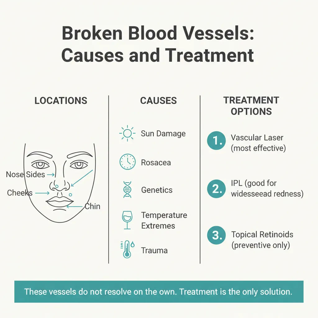 Infographic showing common causes of broken blood vessels on the face and treatment options
