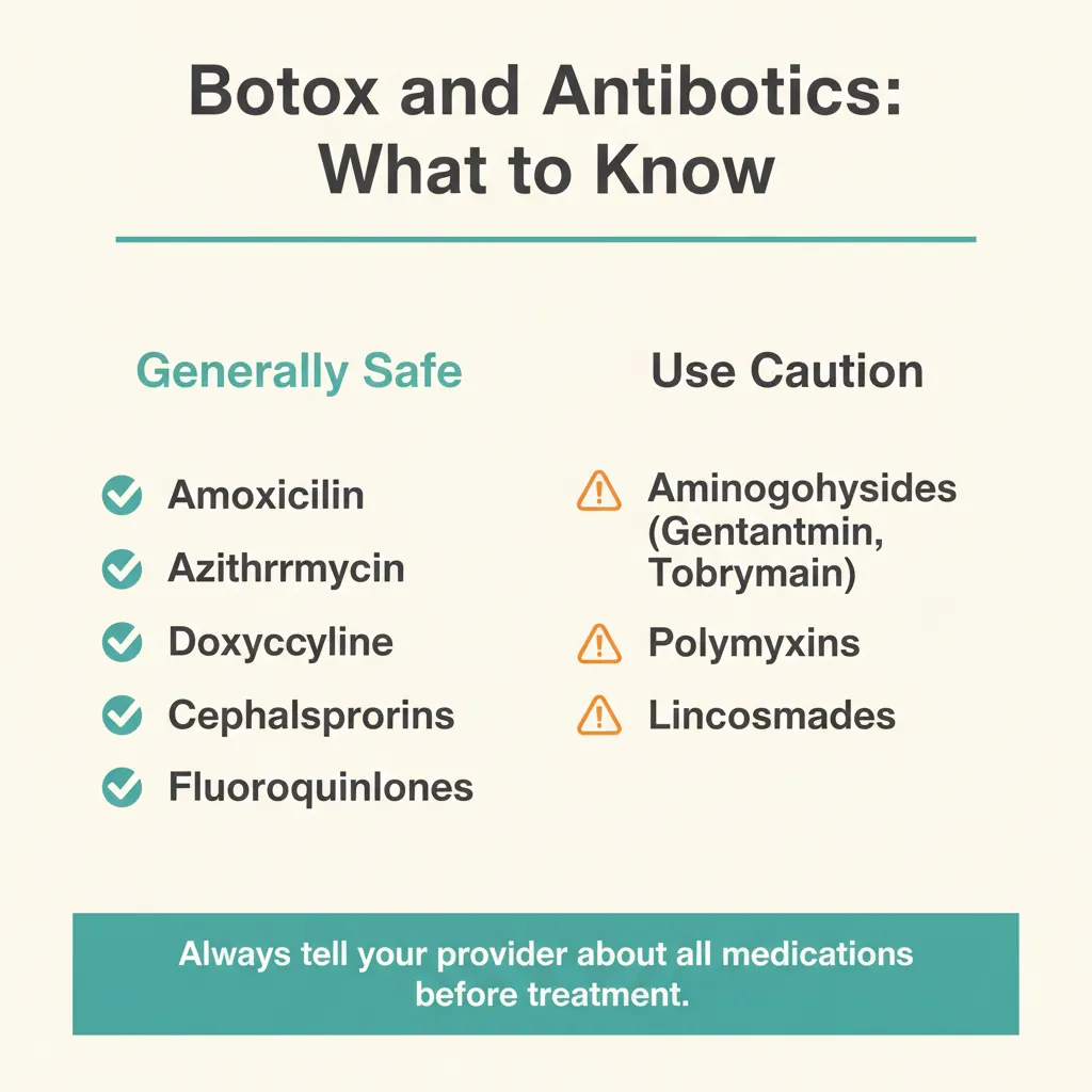 Infographic showing which antibiotics are safe with Botox and which to avoid